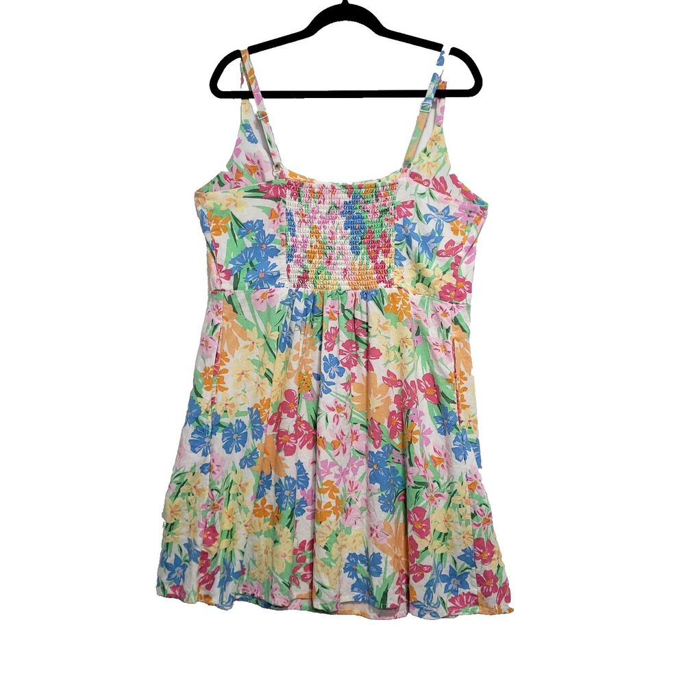 Floral Hawaiian linen sun Dress old navy XL Round Neck Smocked‎ Stretch Pockets - Picture 2 of 14